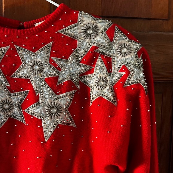 Vintage Caché Red Star Sequin Sweater 80s Lambswool Angora Knit, Beaded Size L - Picture 8 of 8
